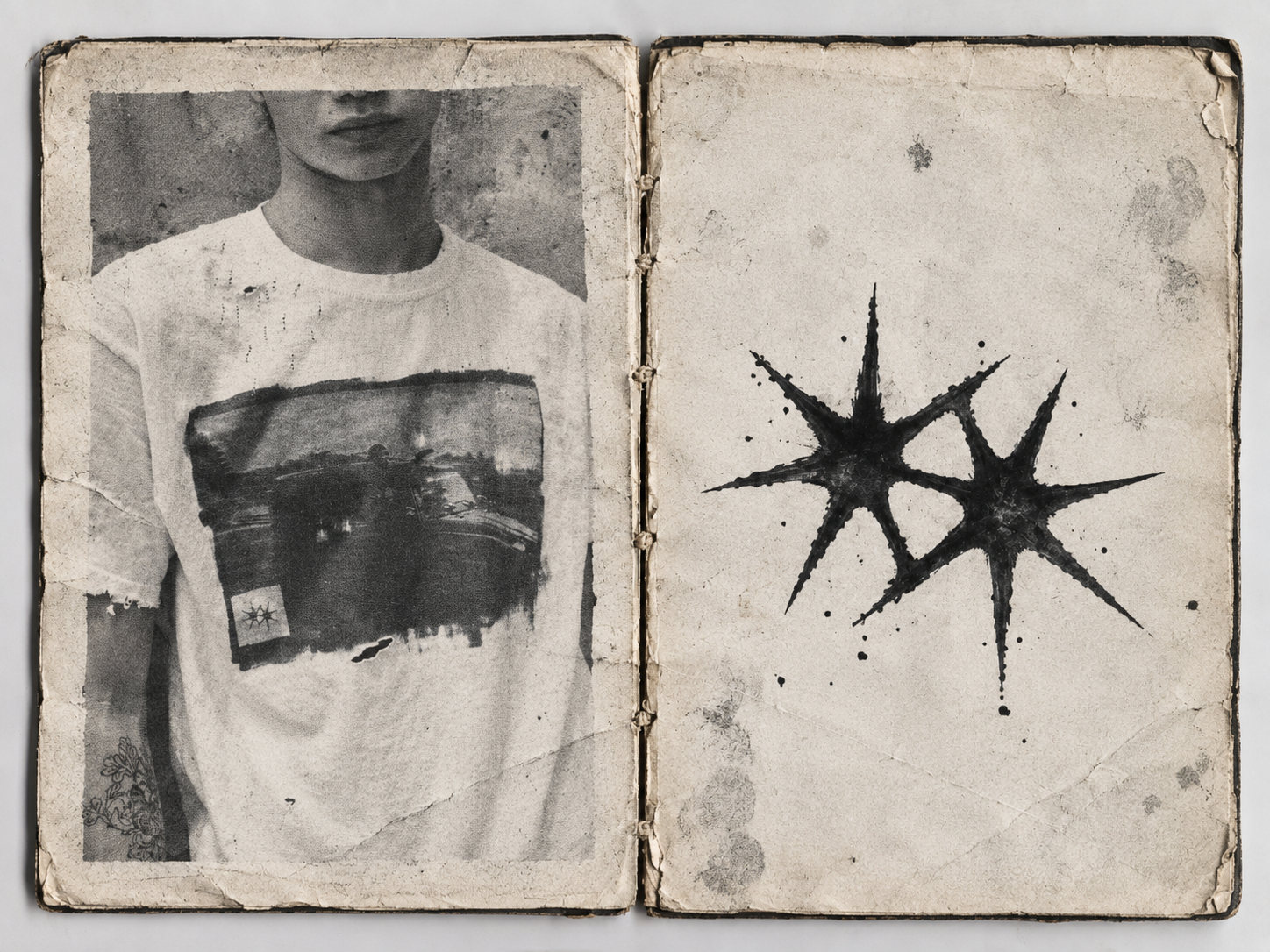 Open book with a monochrome fashion photograph and double-star artwork