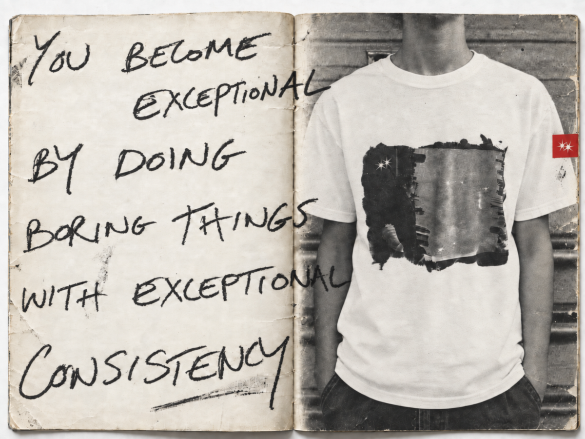 Open book with handwritten text and a T'ho jur printed T-shirt