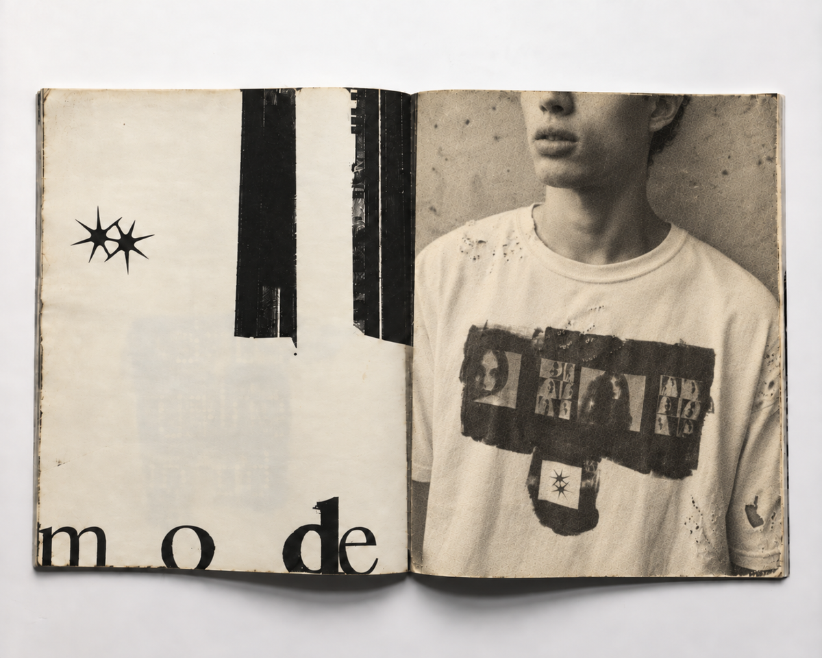 Monochrome fashion editorial in an open book